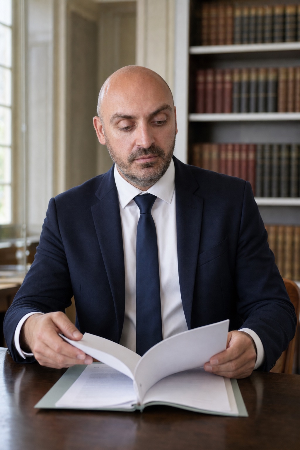 Livio Orsi au bureau, costume marine, en train de lire un dossier. Image générée à partir de ses photographies.